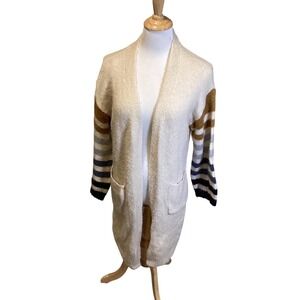 Down East Cream Stripe Sleeve Open Front Long Cardigan Sweater XS S